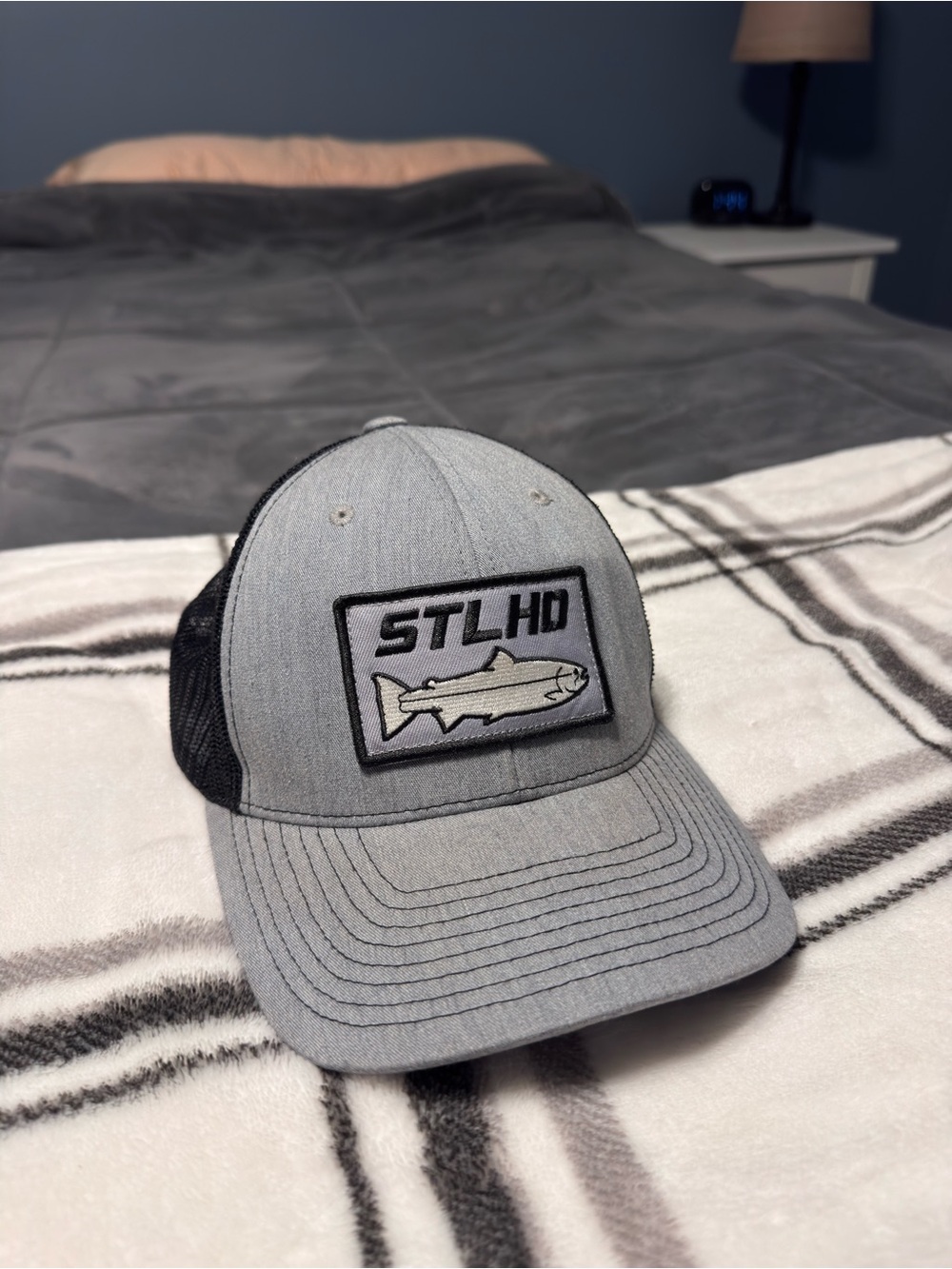 Gray Trucker Hat with Fish Patch - Men’s Breathable Cap